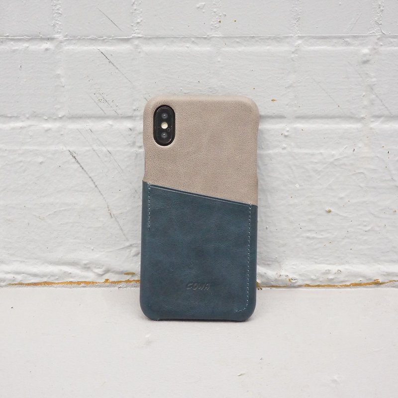 iPhone X two-tone leather phone case - gray / navy / card / - เคส/ซองมือถือ - หนังแท้ สีเทา