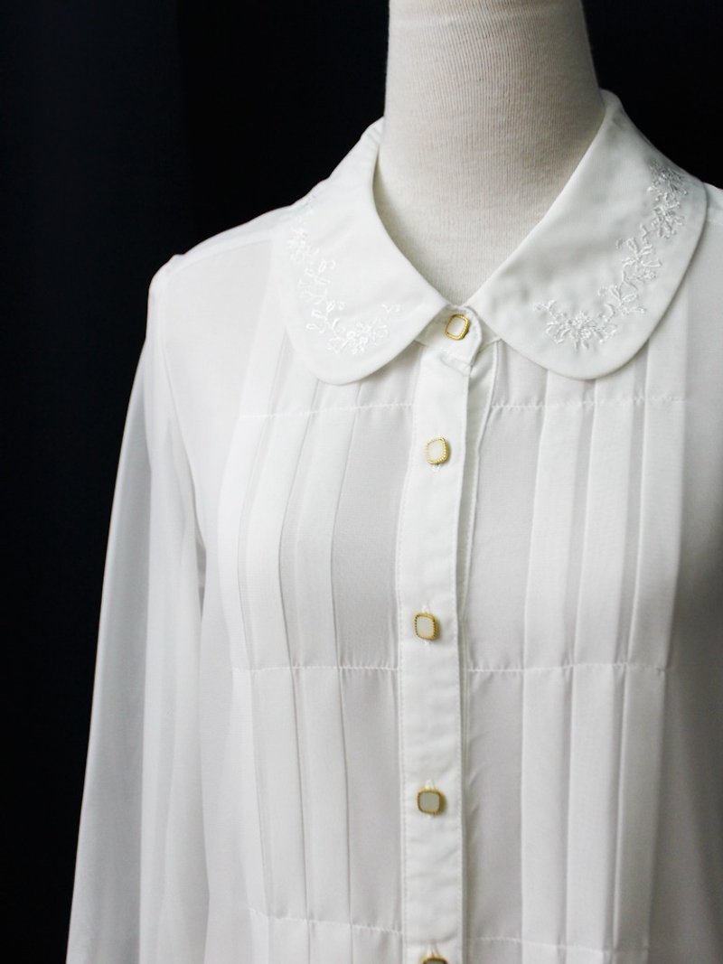 [RE0407T1931] Department of Forestry lapel simple white embroidered chiffon vintage shirt - Women's Shirts - Polyester White