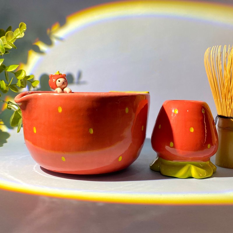 Adorable handmade ceramic chawan matcha bowl set - 咖啡杯/馬克杯 - 陶 紅色
