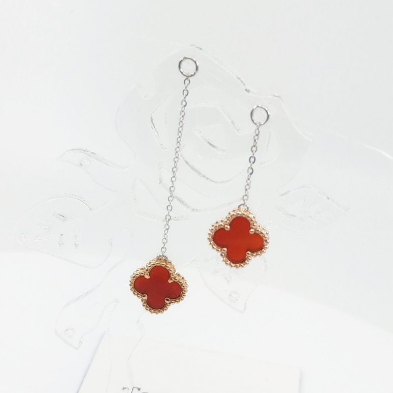 Mini Clover 18K Gold Earrings Charm (Red Agate) - Earrings & Clip-ons - Gemstone Red