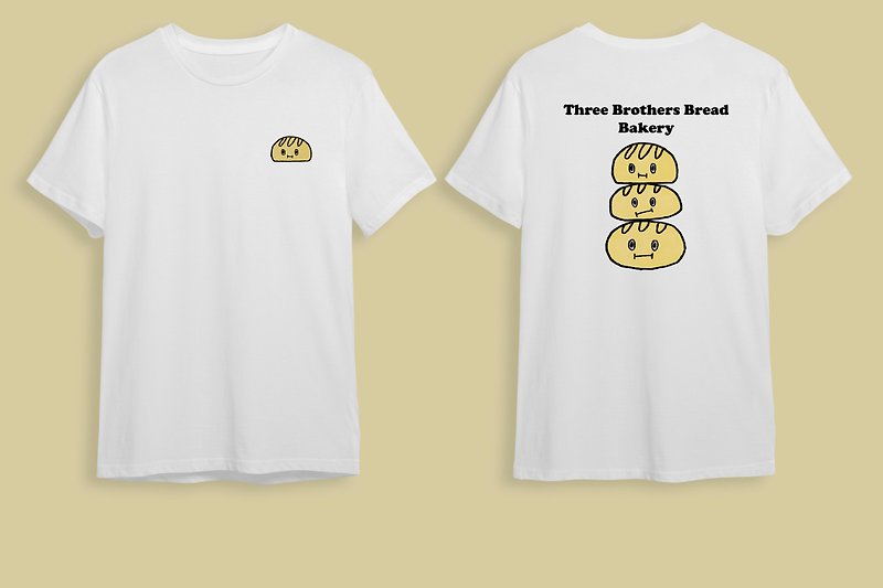 three brothers bread illustration printing short-sleeved unisex cotton t-shirt - เสื้อยืดผู้หญิง - ผ้าฝ้าย/ผ้าลินิน ขาว
