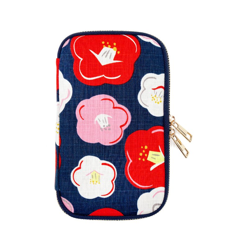 拉鍊護照包 / 手機錢包 / 旅行護照夾 - 和風冬日樁花(藍) - 護照夾/護照套 - 棉．麻 藍色