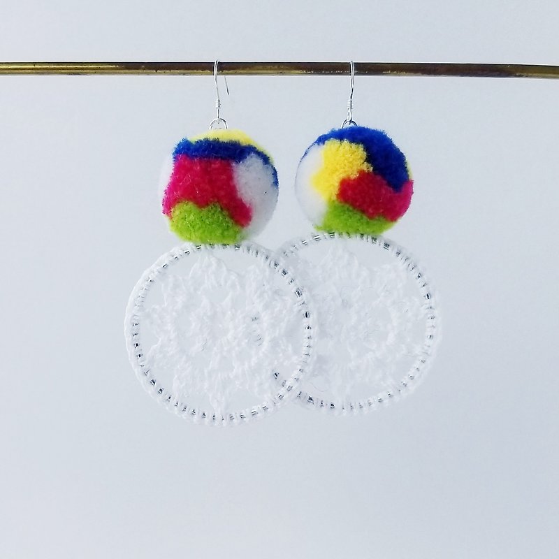 Rainbow pom pom with white net - Earrings & Clip-ons - Sterling Silver Multicolor