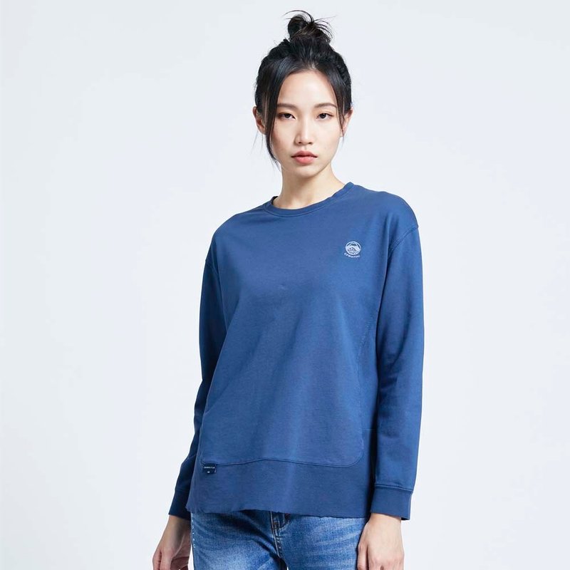 江戶勝 日系 女裝 下擺剪接長袖T恤(灰藍色) #上衣#長袖 - 女上衣/長袖上衣 - 棉．麻 藍色