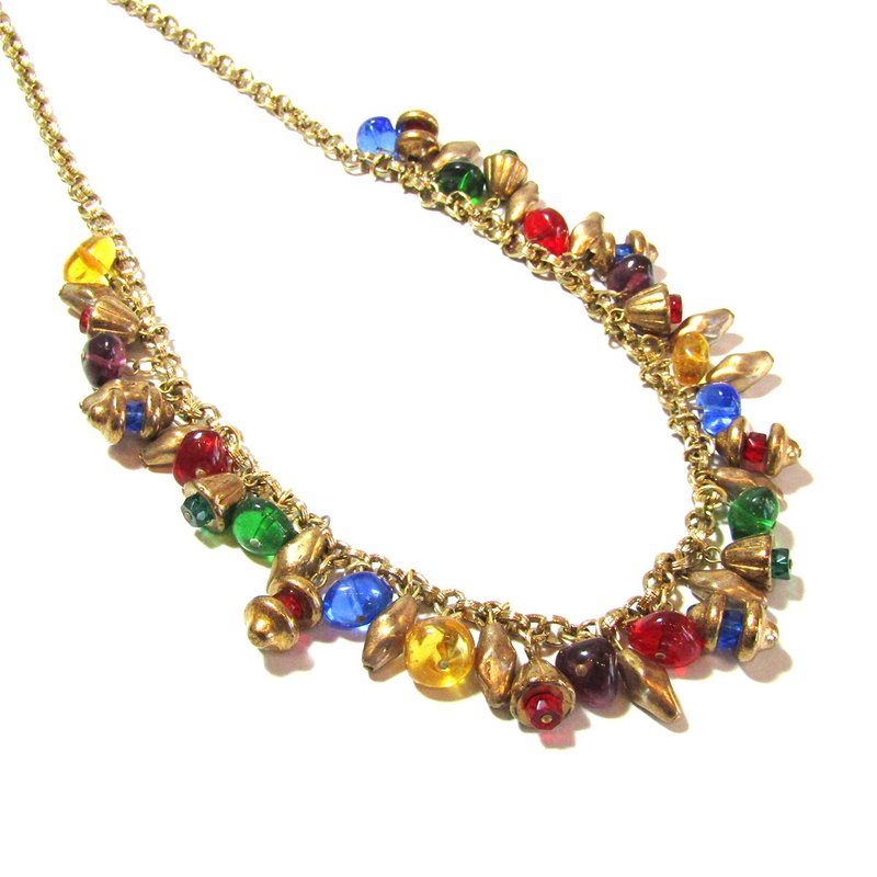 Vintage glass beads & gold parts long necklace - Necklaces - Acrylic Multicolor