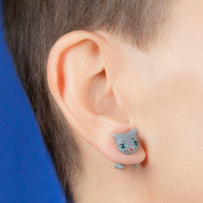 Bat Cat Earrings - Cute Jewelry for Cat Lovers - Handmade Art - ต่างหู - วัสดุอื่นๆ สีเทา