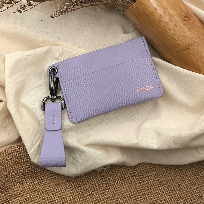【票卡夾】粉紫色十字紋牛皮/可愛小錢包/悠遊卡套/通勤/手工皮革 - 卡片套/卡片盒 - 真皮 紫色