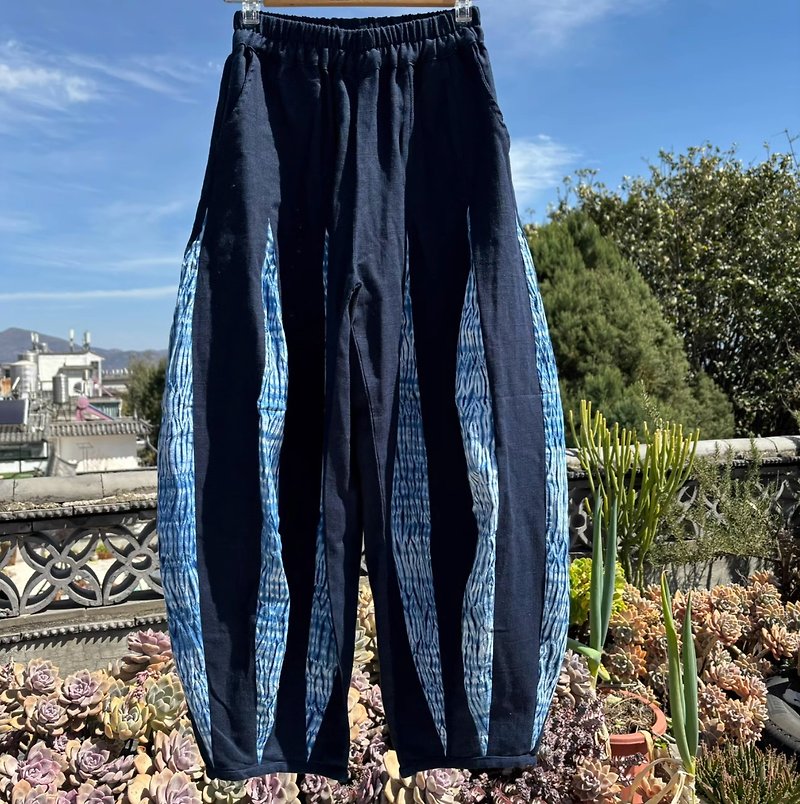 [Mori Zhihai] Neutral tie-dyed grass-dyed olive pants/random pattern (pre-order) - กางเกง - ผ้าฝ้าย/ผ้าลินิน สีน้ำเงิน