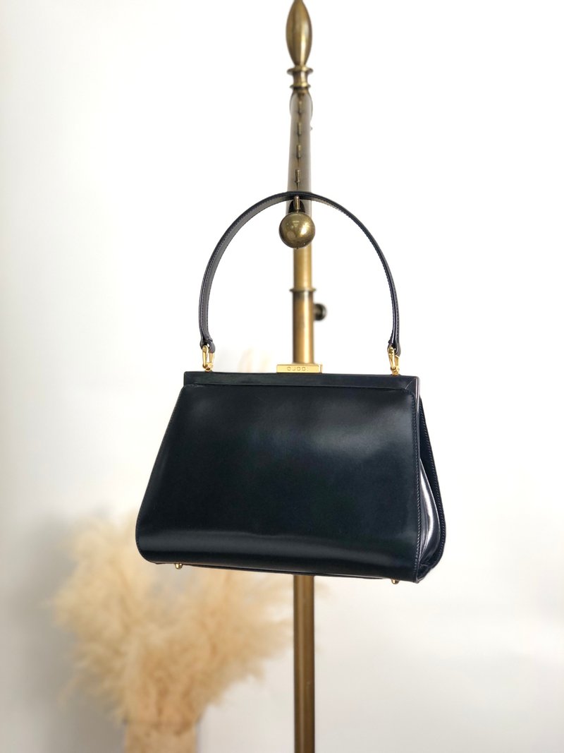 【 日本直送　名牌中古包 】GUCCI グッチ ハンドバッグ ネイビー レザー がま口 バニティバッグ vintage ヴィンテージ オールド 7taztf - 手提包/手提袋 - 真皮 藍色