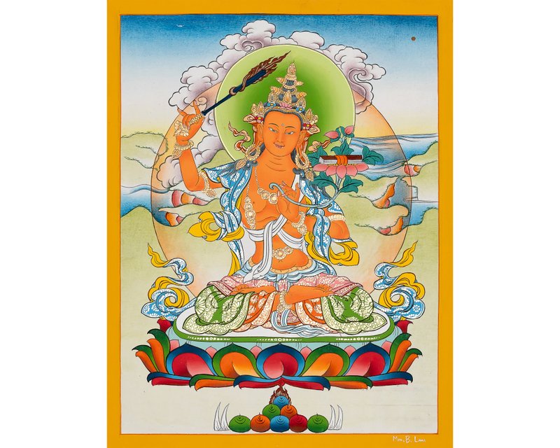 手工製作的文殊菩薩唐卡 - 真正的覺悟智慧 - 壁貼/牆壁裝飾 - 其他材質 多色