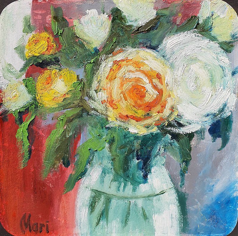 Roses Painting Bouquet Vase Wall Art White Orange Flowers Original Art Floral - Posters - Other Materials Red