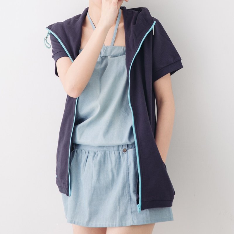 High collar zipper contrasting color short-sleeved hooded jacket pure cotton summer short-sleeved stand-collar sports hat T-navy blue - เสื้อแจ็คเก็ต - ผ้าฝ้าย/ผ้าลินิน สีน้ำเงิน