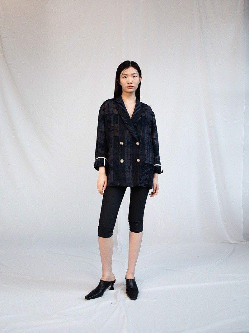 See-through Check Jacket / Navy - เสื้อสูท/เสื้อคลุมยาว - ไฟเบอร์อื่นๆ สีน้ำเงิน