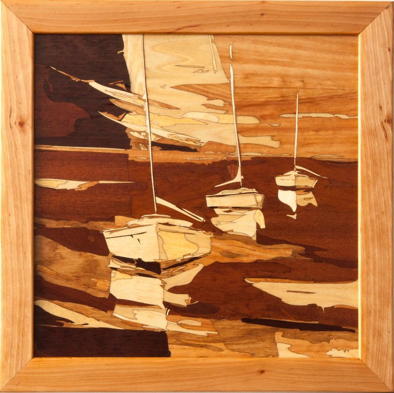 3 schooner seascape marine sail home decor cubism style marquetry inlay framed - Wall Décor - Wood Orange