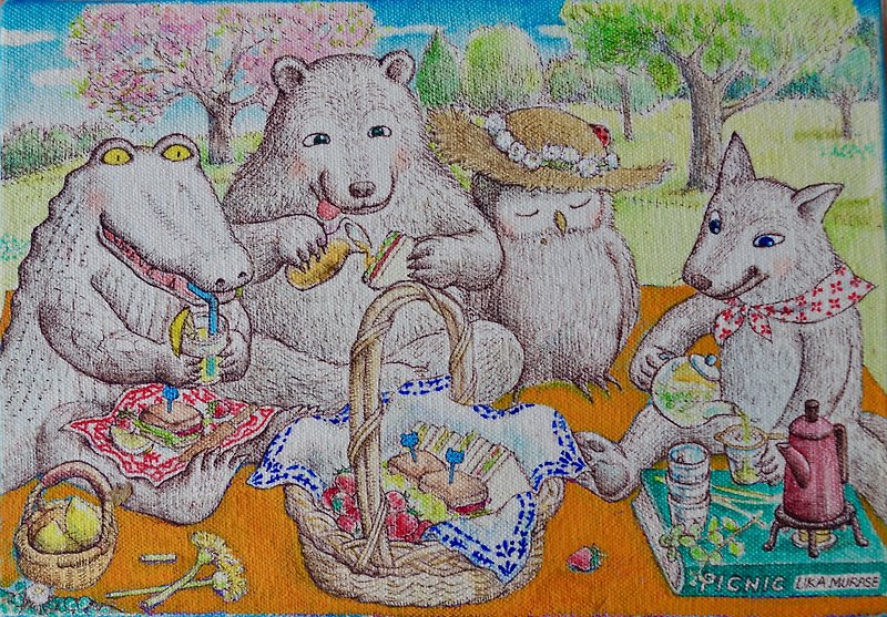 picnic / original painting - โปสเตอร์ - ผ้าฝ้าย/ผ้าลินิน สีเหลือง