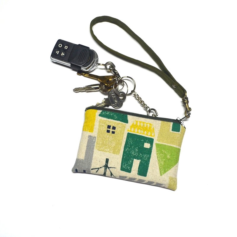 Houses Zipper Key Chain Wallet • Coin Wallet • ID Wallet • Key Ring • Card Holde - Keychains - Cotton & Hemp Green