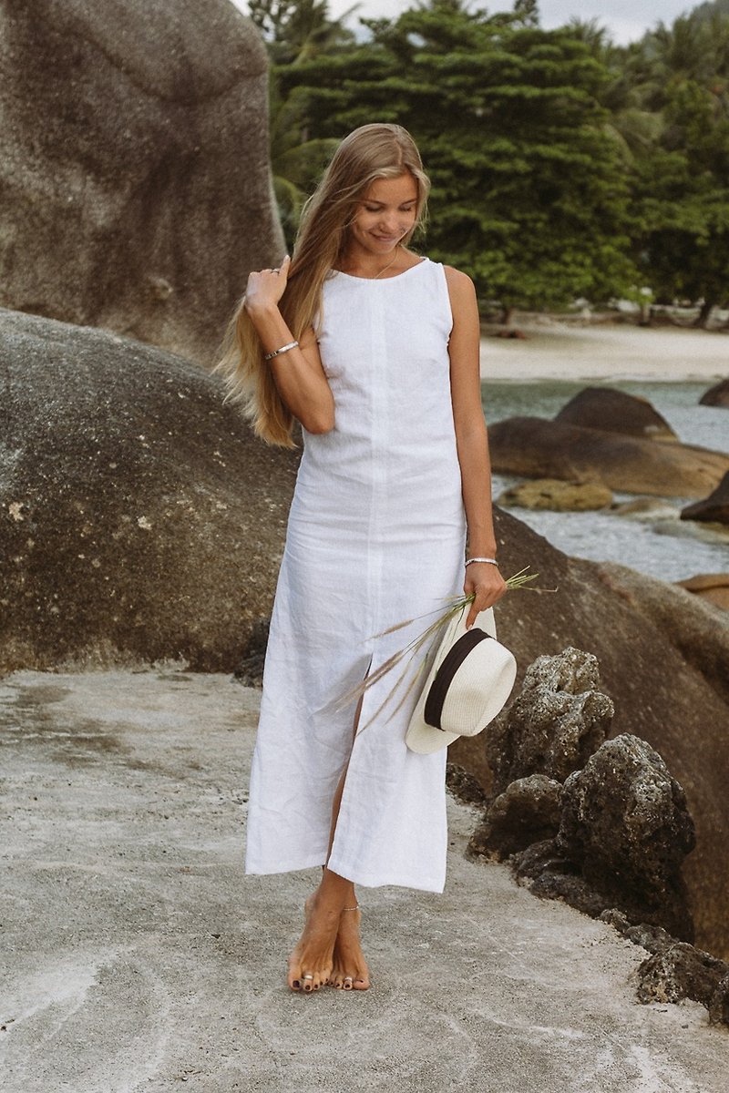 Classic White Linen Maxi Dress | Long Dress | Made-to-order - One Piece Dresses - Linen White