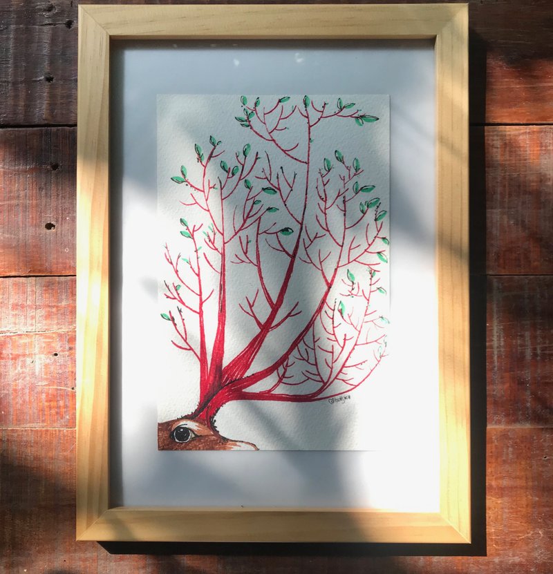 守護霊/手描き作品 装飾 驚きの芽生え木枠 角生き物 枝角 知恵 - ポスター・絵 - 紙 レッド