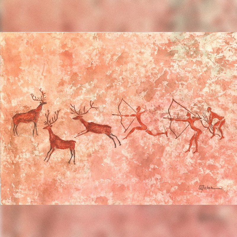 Deer hunting painting interior Prehistoric art Watercolor end pastel drawing - โปสเตอร์ - กระดาษ สีแดง