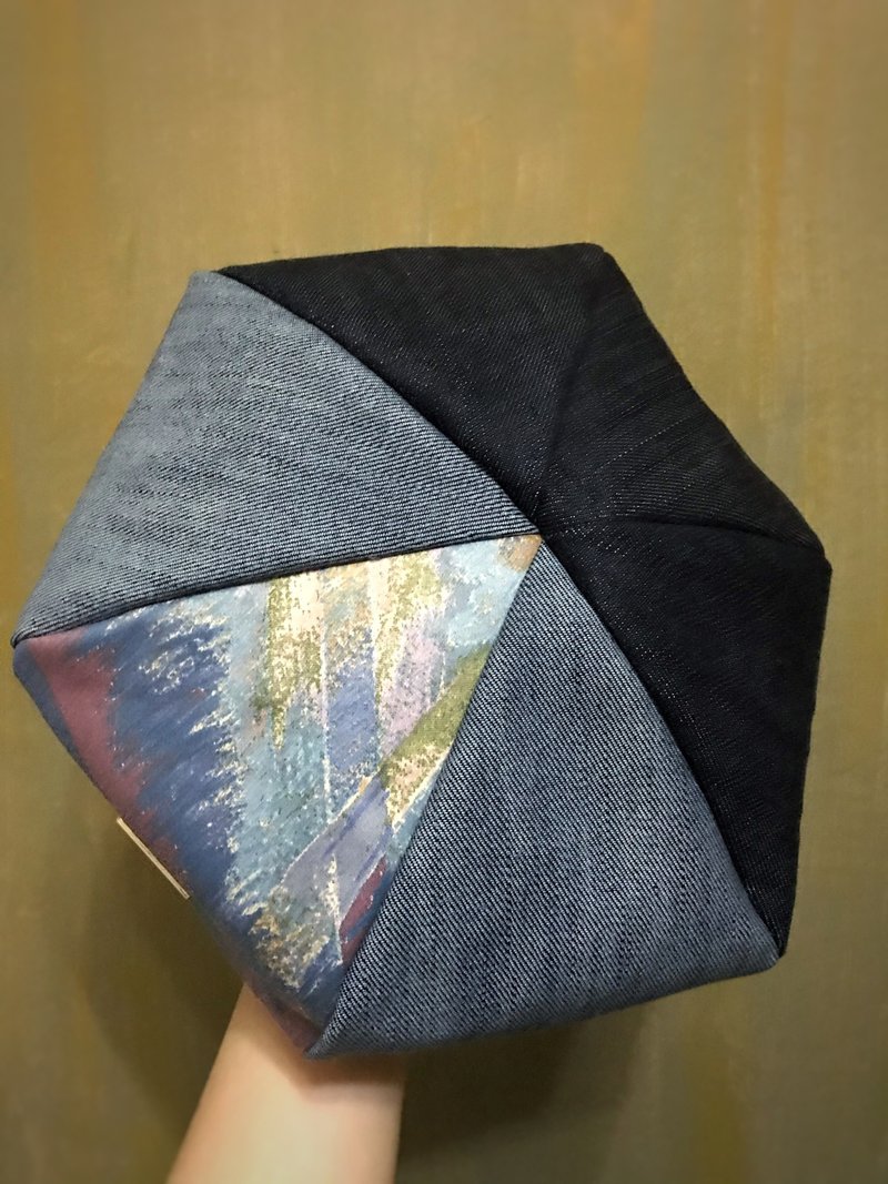 Beret 貝殼雷帽 | 畫家帽 | 六邊剪裁 | 淺深牛仔布配英國印花布 - 帽子 - 棉．麻 藍色