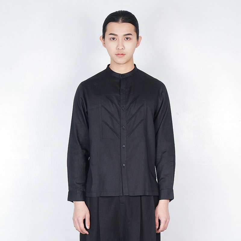 Court dress collar long-sleeved black shirt - เสื้อเชิ้ตผู้ชาย - ผ้าฝ้าย/ผ้าลินิน สีดำ
