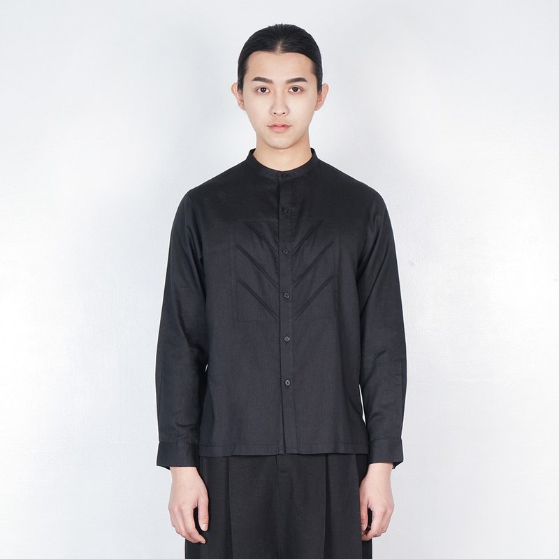 朝服立領長袖襯衫  黑色 - 男襯衫/休閒襯衫 - 棉．麻 黑色