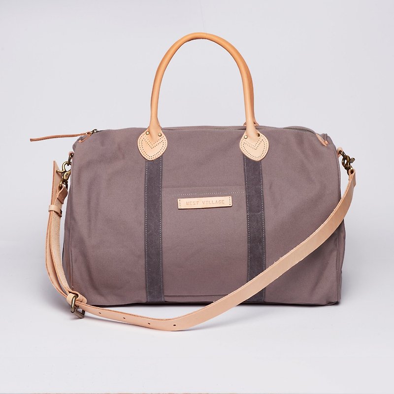Weekend travel bag / Boyfriend Bag / L / light bean sand / leather strap / canvas - กระเป๋าแมสเซนเจอร์ - ผ้าฝ้าย/ผ้าลินิน สีเทา