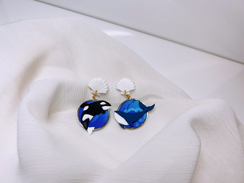 Changyuan Killer Whale and Whale Polymer Clay Earrings/ Clip-On - Earrings & Clip-ons - Pottery 