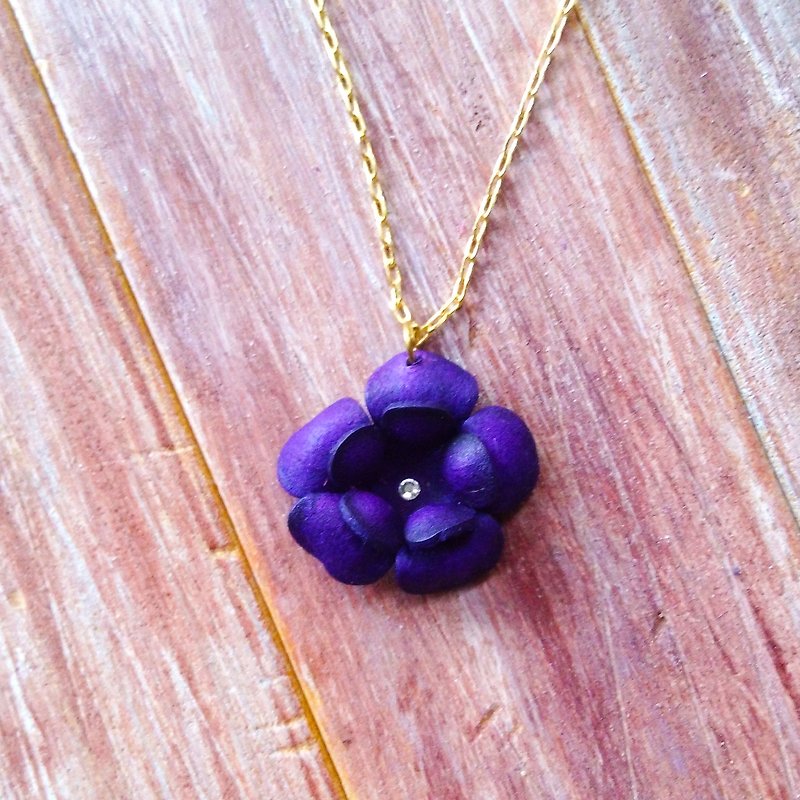 Leather Flower Necklace Purple Swarovski Rhinestone Kai Handmade Leather - Necklaces - Genuine Leather Purple