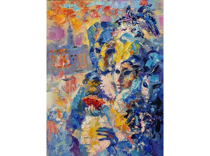 Venice Italy Masquerade Painting 油畫原作 Original Painting Portrait Woman Artwork - Posters - Wood Multicolor