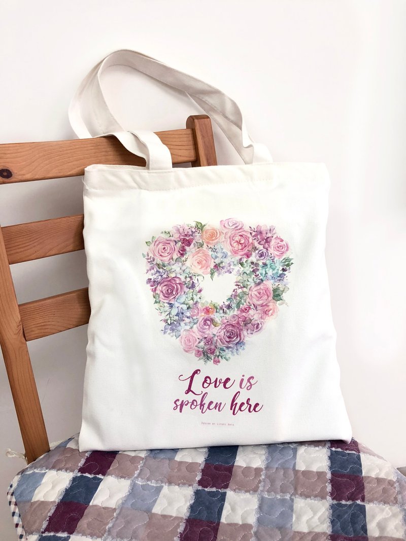 Canvas tote bag with zipper & inner pocket【 Love is spoken here】 - Handbags & Totes - Other Materials Purple