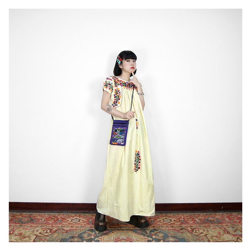 A‧PRANK :DOLLY :: VINTAGE Goose Yellow Mexican Hand-embroidered Dress (D807021) - One Piece Dresses - Cotton & Hemp Yellow