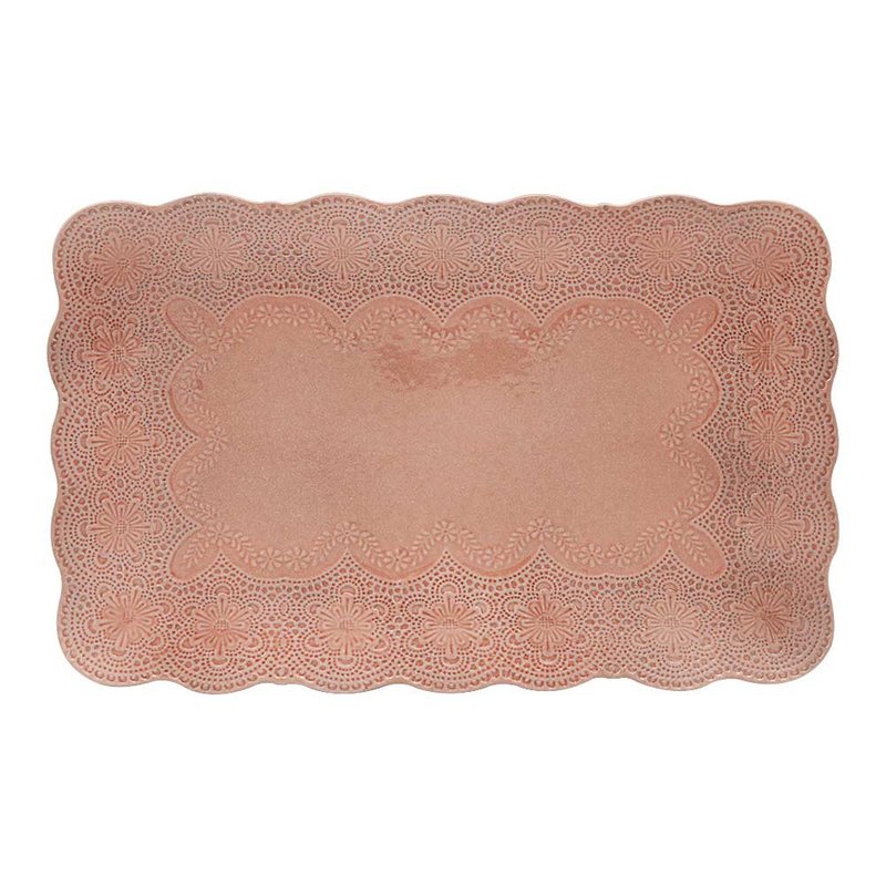義大利VBC casa-手工浮雕蕾絲系列40cm大長方盤(粉紅色) - 碟/盤子/餐盤 - 陶 粉紅色