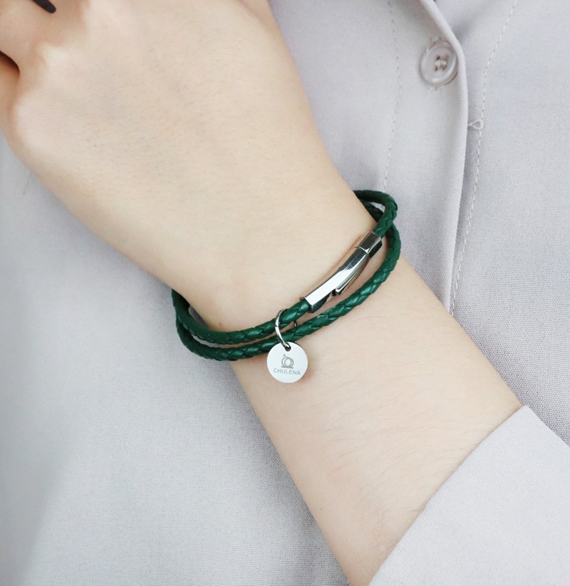 [Customized] Double circle hexagonal column braided leather rope bracelet (7 colors) / English engraving - สร้อยข้อมือ - หนังแท้ สีเขียว