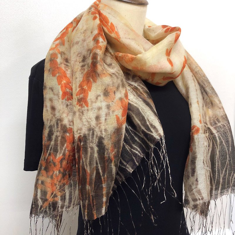 Eucalyptus dance sequence Christmas gift customization-plant printing and dyeing. Flower and leaf transfer printing and dyeing art pot. Tassel shawl - Knit Scarves & Wraps - Wool Orange