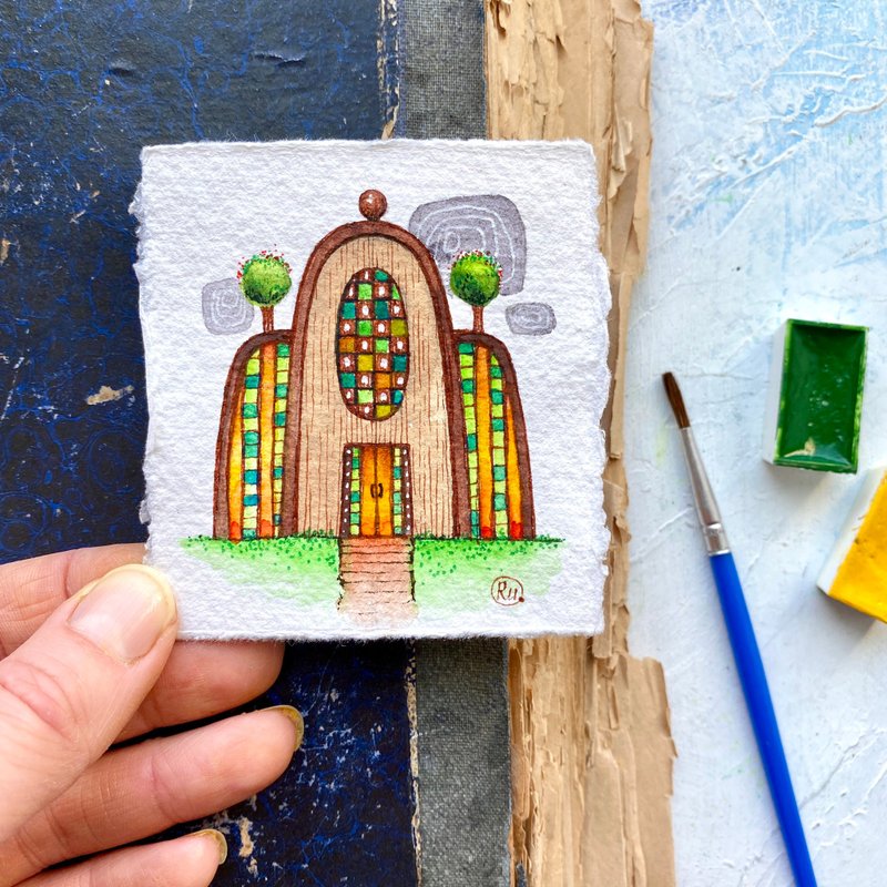 Modern house art Original painting Mini artwork Small gift by Rubinova - 海報/掛畫/掛布 - 紙 多色