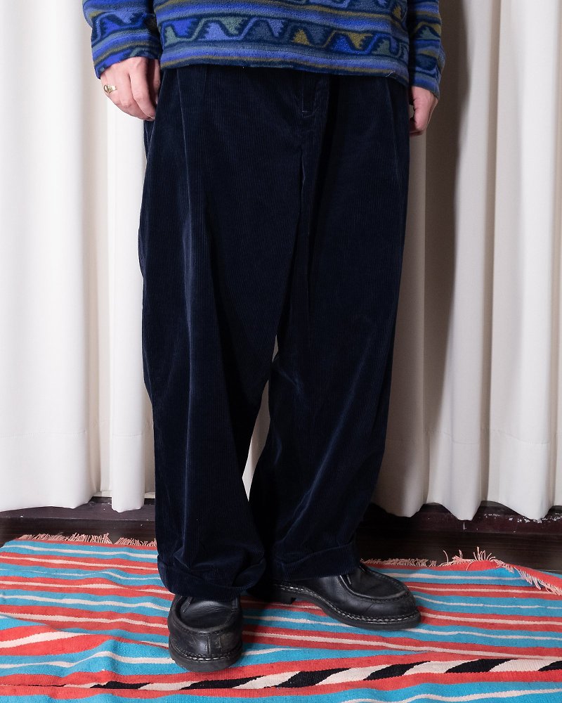A PRANK DOLLY-Vintage (42 waist) brand POLO blue and black thick corduroy pleated wide pants - Men's Pants - Cotton & Hemp Blue