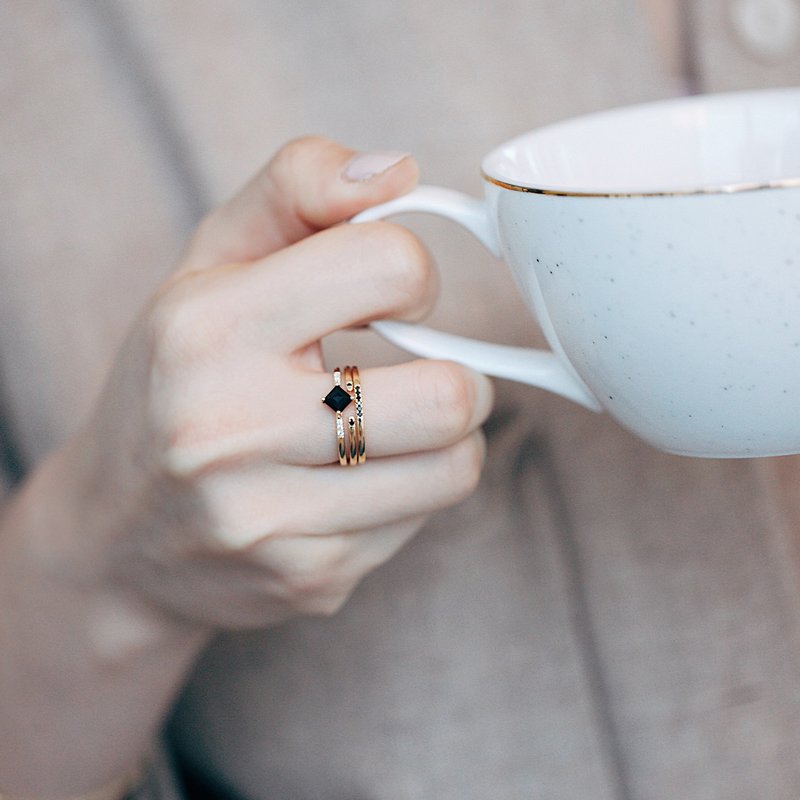 18k Solid Gold, Black Diamond Ring Set, Black Onyx Ring, Black Diamond Ring - 戒指 - 玫瑰金 透明