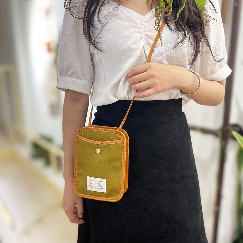 簡約日系休閒帆布包 斜挎小方包 森系文藝單肩包 女生便攜手機包 - 手提包/手提袋 - 棉．麻 綠色