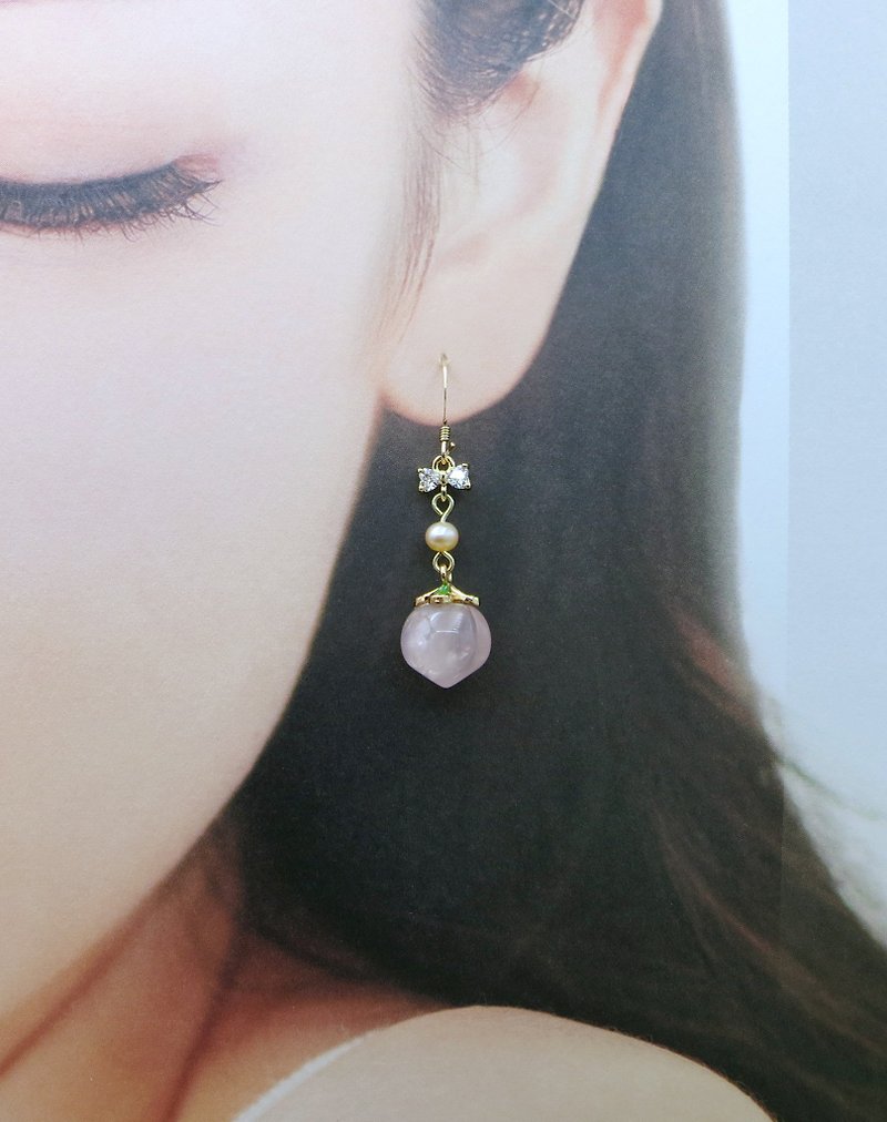 Lemon Handmade Hair Accessories Pink Crystal Peach Earrings/US 14K Gold Anti-Sen - ต่างหู - หยก สึชมพู
