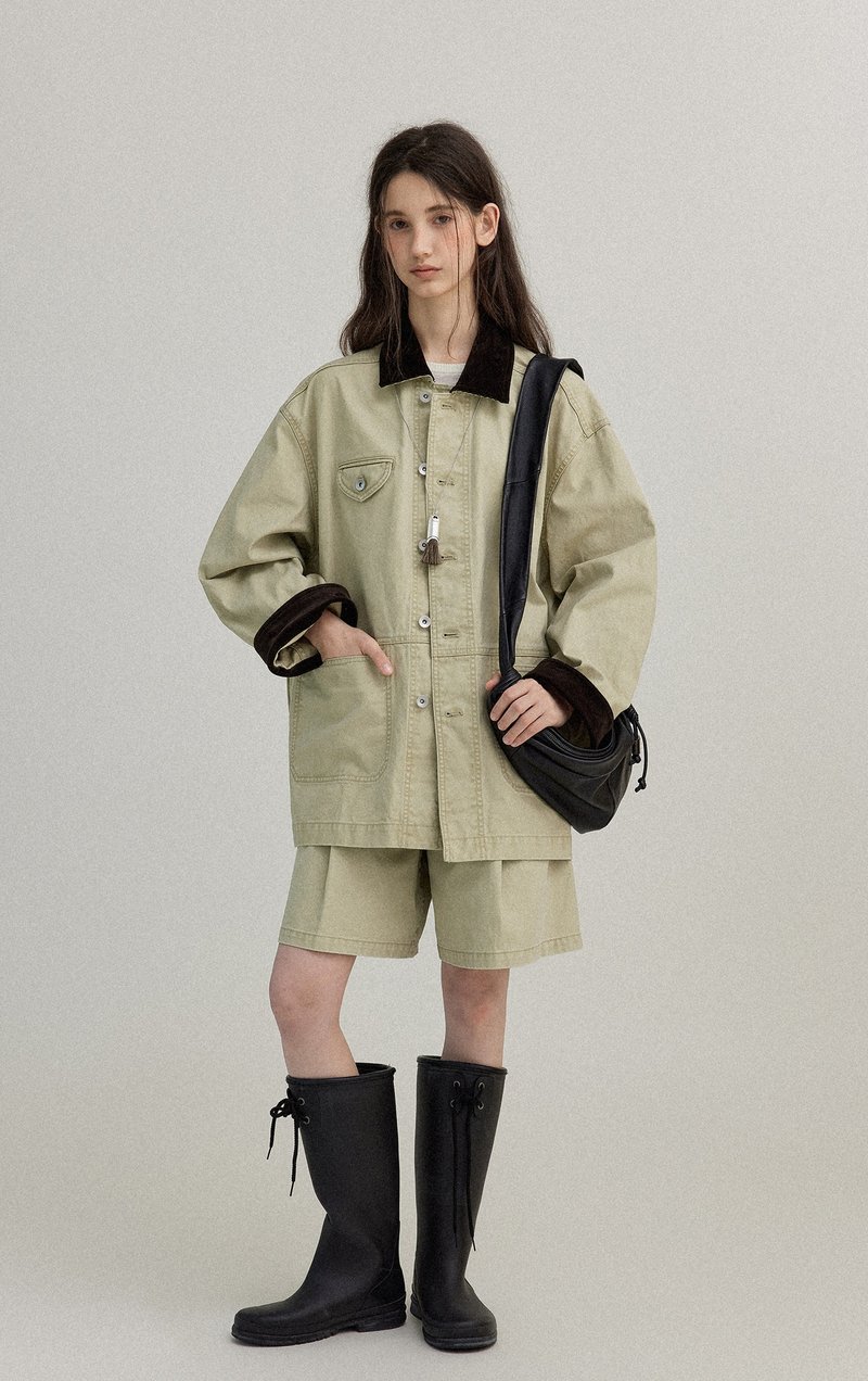 Nordic 復古燈芯絨撞色派克外套 短褲套裝 - 女大衣/外套 - 其他材質 多色