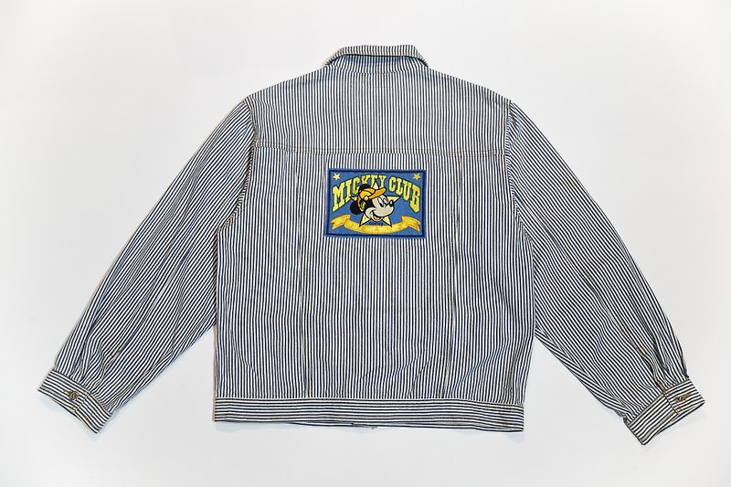 [3thclub Ming Ren Tong] Mickey striped denim jacket CTJ-010 vintage - เสื้อแจ็คเก็ต - ผ้าฝ้าย/ผ้าลินิน สีน้ำเงิน