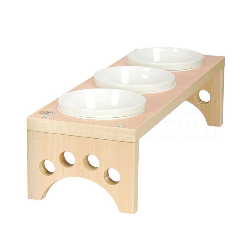 【MOMOCAT】Three small dog and cat dining table natural white oak bowl rack with porcelain bowl - Pet Bowls - Wood 