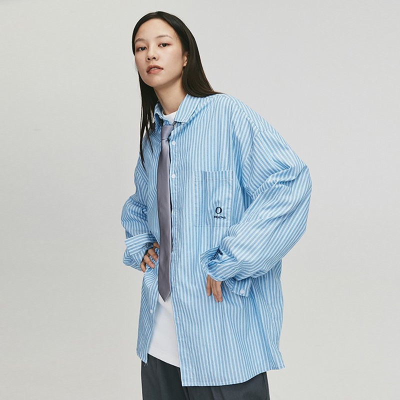 MOKACME 20FW 條紋刺繡LOGO襯衫情侶裝 - 男襯衫/休閒襯衫 - 其他材質 藍色