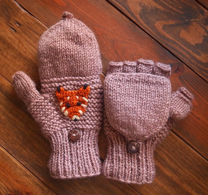 ピュアウールニット手袋手作りネパール孤独な動物で_ _淡褐色キツネ大きいサイズ - 手袋 - ウール ブラウン