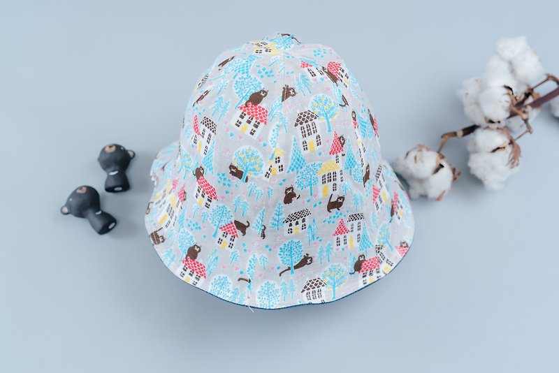 Double-sided fisherman hat animal 12-yarn baby baby hat breathable mountaineering sunscreen - หมวกเด็ก - ผ้าฝ้าย/ผ้าลินิน สีน้ำเงิน