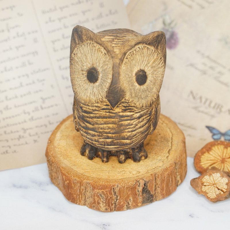 Camphor wood horned owl wood carving owl-original - Items for Display - Wood Brown