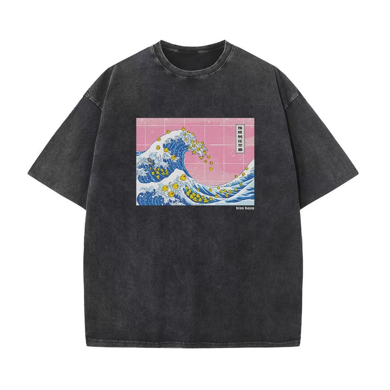 Duck Rhapsody Japanese retro aged washed loose short-sleeved T-shirt shirt series black - เสื้อยืดผู้ชาย - ผ้าฝ้าย/ผ้าลินิน สีดำ