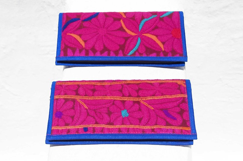 Hand-embroidered wallet ethnic style long clip embroidery wallet handmade lace long clip-desert flower embroidery style - Wallets - Cotton & Hemp Pink