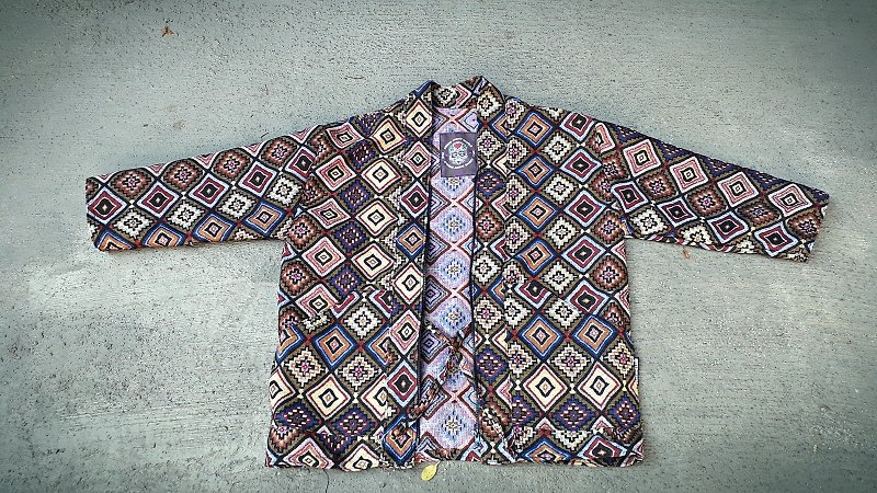 AMIN'S SHINY WORLD handmade custom KIMONO small Lingge ethnic totem tied rope zipper blouse coat coat - เสื้อโค้ทผู้ชาย - ผ้าฝ้าย/ผ้าลินิน หลากหลายสี